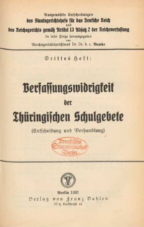 Verfassungswidrigkeit der Thüringischen Schulgebete : (Entscheidung und Verhandlung)