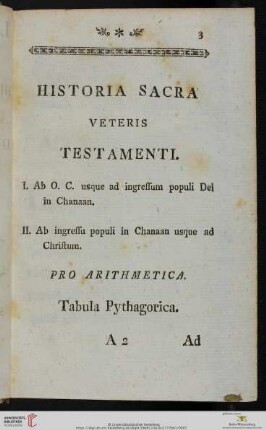Historia Sacra Veteris Testamenti / Pro Arithmetica