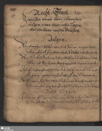 Recht-Streit Zwischen einem baar schwartzen Augen, einem baar rothen Lippen, und ein baar weißen Brüsten. [u.a.]