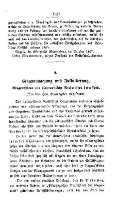 Bekanntmachung und Aufforderung, Biographieen und biographische Nachrichten betreffend