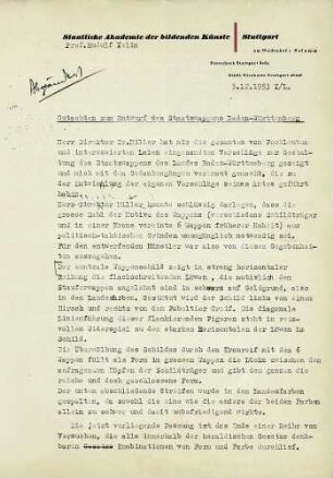 Gutachten von Prof. Rudolf Yelin zum Entwurf des Landeswappens, der auf seine Schülerin Luitgard Müller zurückging