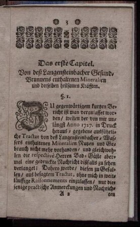 Das erste Capitel. Von deß Langensteinbacher Gesund-Brunnens enthaltenen Mineralien und derselben heilsamen Kräfften.