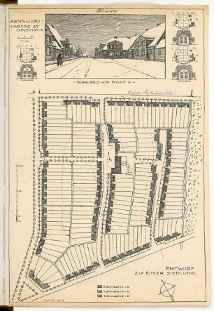 Siedlung Monatskonkurrenz November 1919: Lageplan (1:1000); je 3 Skizzen Grundriss und Aufriss Vorderseite 1:400; perspektivische Ansicht; Maßstabsleiste