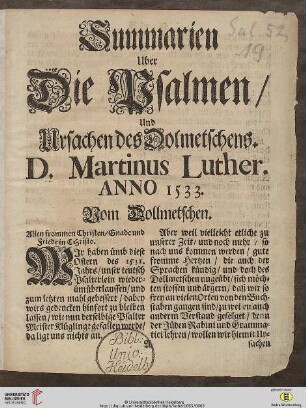 Summarien Uber Die Psalmen, Und Ursachen des Dolmetschens. : Anno 1533.
