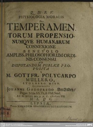 Physiologia Moralis De Temperamentorum Propensionumque Humanarum Connexione