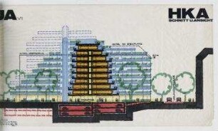 Gewerbe- und Hotelerweiterung Uhlandstraße/Kantstraße/Fasanenstraße (nicht realisiert) – Schnittansicht. Berlin-Charlottenburg/Wilmerdorf, Uhlandstraße 190-194, Kantstraße 15, Fasanenstraße 6