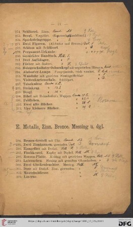 E. Metalle, Zinn, Bronce, Messing u. dgl. (Nr. 294 - 372)