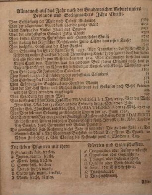 Allmanach auf das Jahr nach der Gnadenreichen Geburt unsers Heylands und Seeligmachers Jesu Christi.