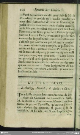 Lettre DLXXI. A Auray, Samedi, 6. Août, 1689