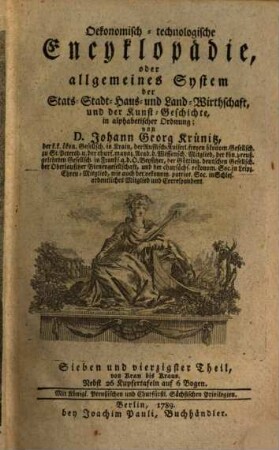 Oeconomische Encyclopädie, oder allgemeines System der Staats- Stadt- Haus- u. Landwirthschaft : in alphabetischer Ordnung, 47. Von Kran bis Kraus : Nebst 26 Kupfertafeln auf 6 Bogen