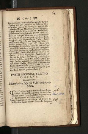 Partis Secundae Sectio Octava comprehendens Manuscripta suspectae Fidei vulgo prohibita.