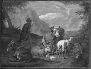 Hirten mit Vieh in Gebirgslandschaft