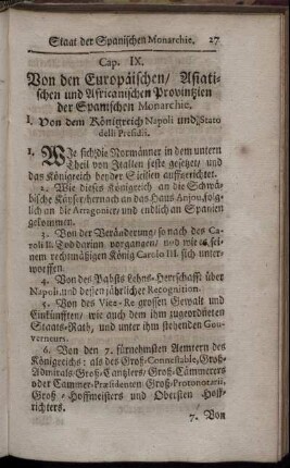 Cap. IX. Von den europäischen/ asiatischen und afrikanischen Provinzien der spanischen Monarchie.