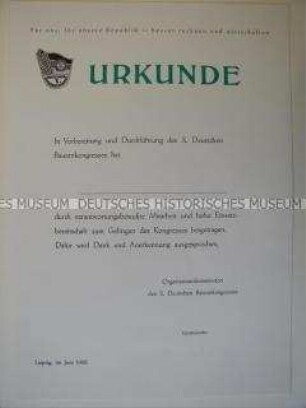 Urkunde für besondere Leistungen bei der Vorbereitung und Durchführung des 10. Deutschen Bauernkongresses (blanko)