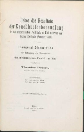 Ueber die Resultate der Keuchhustenbehandlung in der medicinischen Poliklinik zu Kiel während der letzten Epidemie (Sommer 1889)