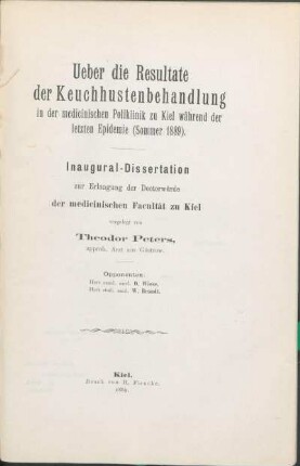 Ueber die Resultate der Keuchhustenbehandlung in der medicinischen Poliklinik zu Kiel während der letzten Epidemie (Sommer 1889)