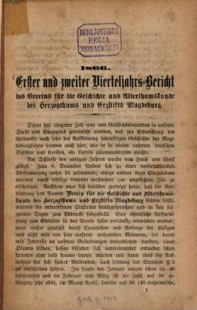 Vierteljahrs-Bericht des Vereins für die Geschichte und Alterthumskunde des Herzogthums und Erzstifts Magdeburg. 1866,1/2