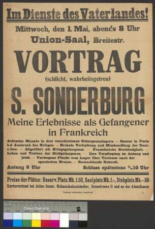 Ankündigung eines Vortrags von S[iegfried] Sonderburg: "Meine Erlebnisse als Gefangener in Frankreich" am 1. Mai 1918 in Braunschweig