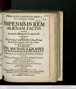 Dissertatio Inauguralis Juridica Per Conclusiones Selectas De Impensis In Rem Alienam Factis maximè in modo aestimandi & repetendi consideratis
