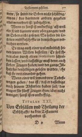 Titulus XXI. Von Erbfällen und Theilung der Erbschafft/ ...