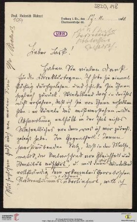 Heid. Hs. 3820,148: Brief von Heinrich Rickert an Emil Lask