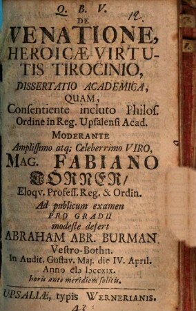De venatione, heroicae virtutis tirocinio