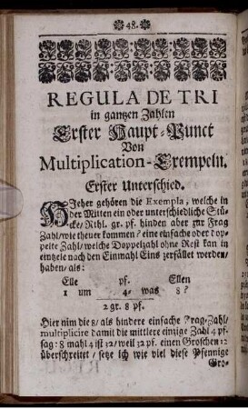 Regula de Tri. Erster Haupt-Punct. Von Multiplication-Exempeln.