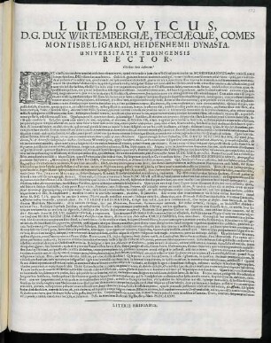 Ludovicus, D. G. Dux Wirtembergiae, Tecciaeque, Comes Montisbeligardi, Heidenhemii Dynasta, Universitatis Tubingensis Rector, Civibus Suis Salutem!