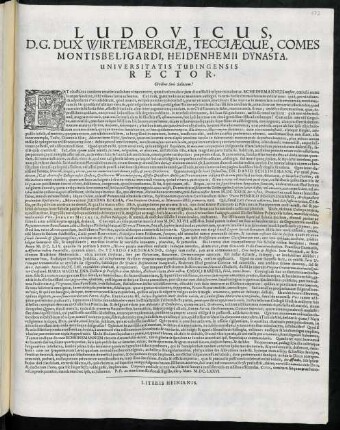 Ludovicus, D. G. Dux Wirtembergiae, Tecciaeque, Comes Montisbeligardi, Heidenhemii Dynasta, Universitatis Tubingensis Rector, Civibus Suis Salutem!