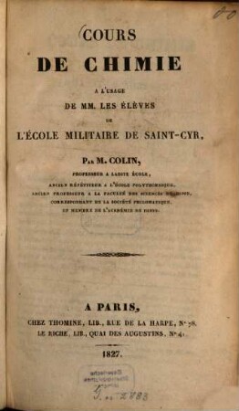 Cours de chimie à l'usage des élèves de l'Ecole militaire de Saint-Cyr