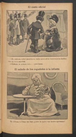El canto oficial [y] El saludo de los españoles á la infanta - [Caricaturas]