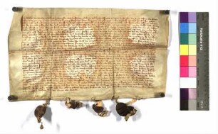 Walther von Tullau und seine Gattin Katharina verkaufen an Heinrich Übellin, Bürger zu Hall, drei in die Vogtei des Klosters Comburg gehörige Güter nebst Gülten zu Hessental um 140 Pfund Heller und setzen zu Bürgen Heinrich von Tullau, Konrad von Tullau und Hanns Walter.