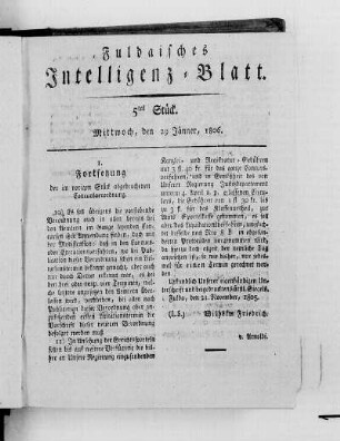5tes Stück, Ausgabe vom 29. Jänner 1806