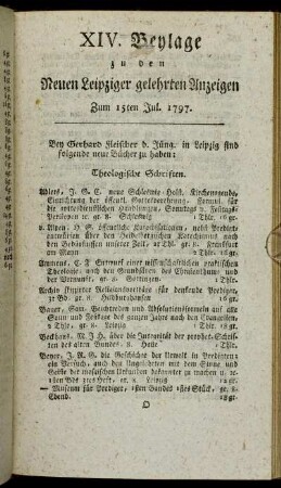 XIV. Beylage zu den Neuen Leipziger gelehrten Anzeigen - Zum 15ten Jul. 1797.