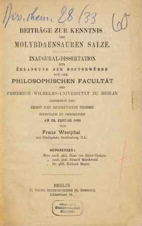 Beiträge zur Kenntnis der molybdaensauren Salze ...