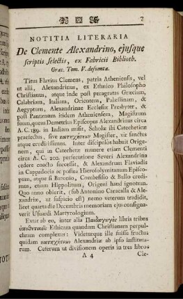 Notitia Literaria De Clemente Alexandrino, ejusque scriptis selectis, ex Fabricii Biblioth.
