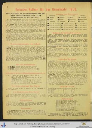 Kalender-Notizen für das Gemeinjahr 1930.