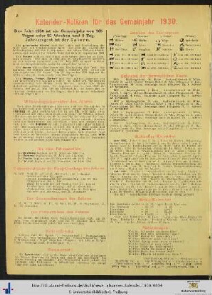 Kalender-Notizen für das Gemeinjahr 1930.