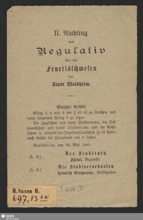 Nachtr. 2: Regulativ über des Feuerlöschwesen der Stadt Waldheim