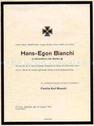 Todesanzeige für einen an der Ostfront gefallenen Angehörigen der Waffen-SS