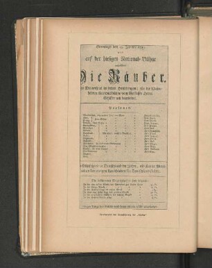 Theaterzettel der Uraufführung der "Räuber"