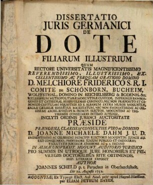Dissertatio Juris Germanici De Dote Filiarum Illustrium