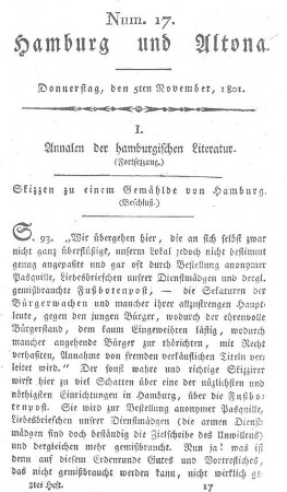 I. Annalen der hamburgischen Literatur. (Fortsezzung.)