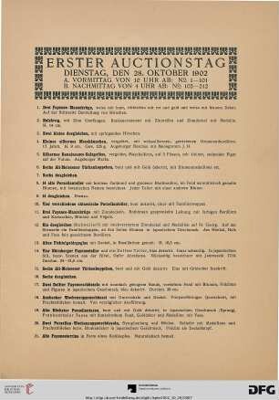Erster Auctionstag, Dienstag, den 28 Oktober 1902 (Nr. 1-212)