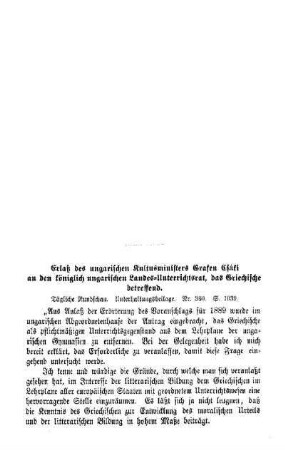 Erlaß des ungarischen Kultusministers Grafen Efási an den königlich-ungarisch Landes-Unterrichtsrat, das Griechische betreffend
