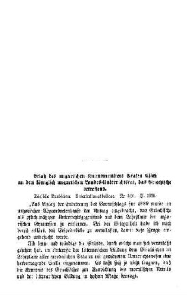 Erlaß des ungarischen Kultusministers Grafen Efási an den königlich-ungarisch Landes-Unterrichtsrat, das Griechische betreffend