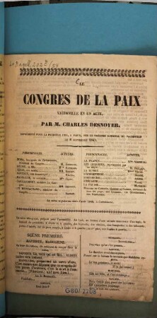 Le congrès de la paix : Vaudeville en un acte, par M. Charles Desnoyer, représenté pour la première fois, à Paris, sur le théâtre national du Vaudeville le 8 septembre 1849