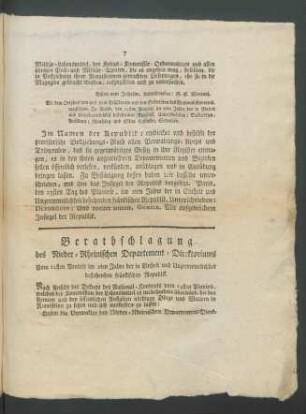 Berathschlagung des Nieder-Rheinischen Departement-Direktoriums ...