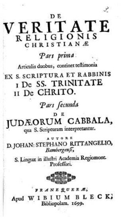 De veritate religionis Christianae / Autore Johan Stephano Rittangelio