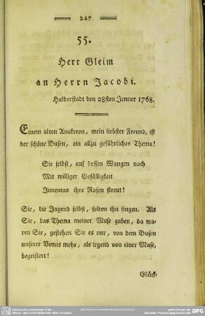 55. Herr Gleim an Herrn Jacobi. Halberstadt den 28sten Jenner 1768